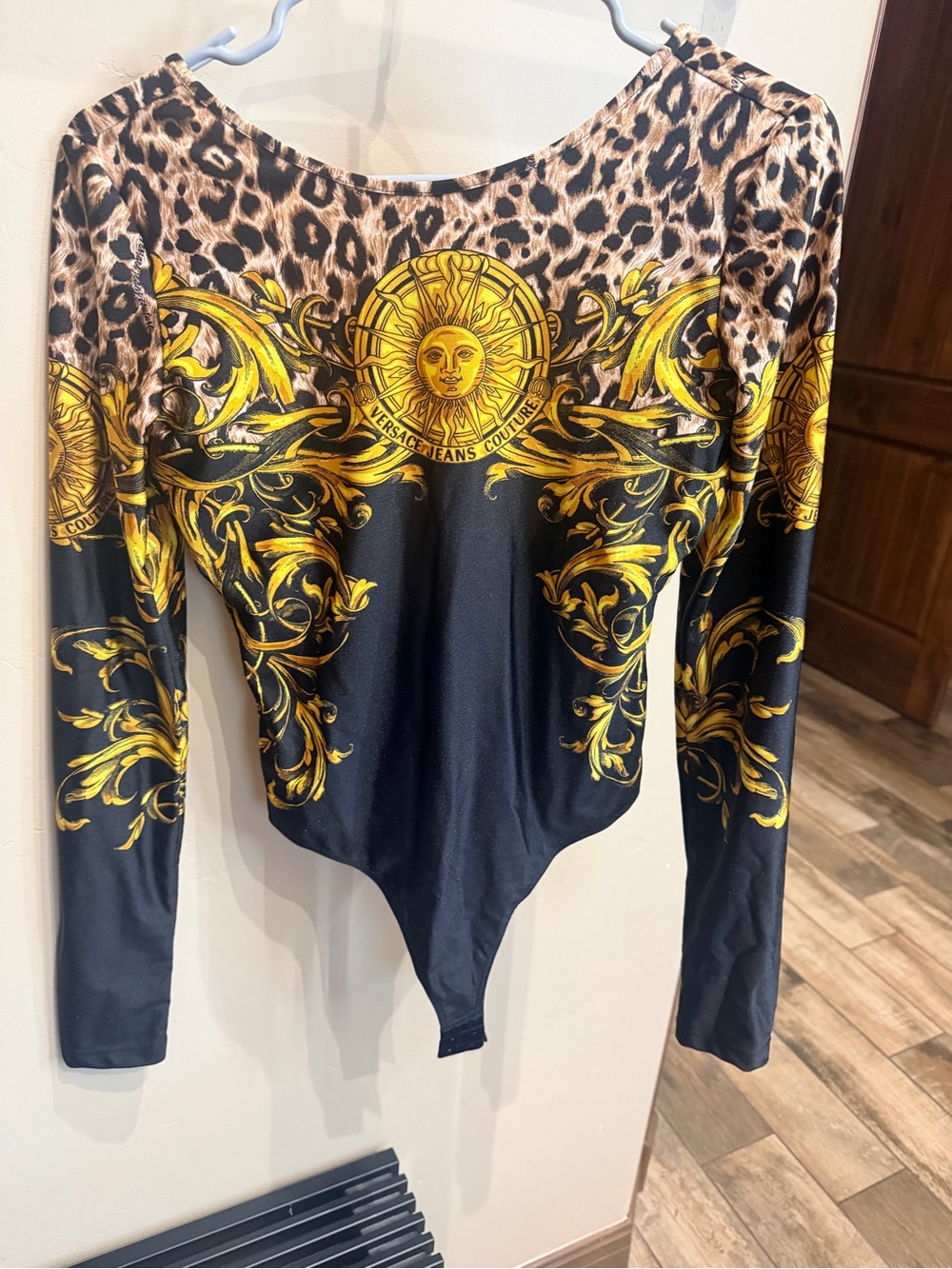 Versace Jeans Collection Black & Gold Baroque Leopard-Print Long Sleeve Bodysuit